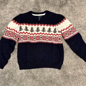 Janie and Jack Navy Crewneck Sweater with Red, White & Green Fair Isle